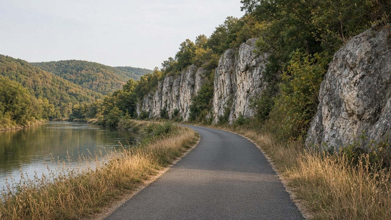 Fahrradweg zwischen Fluss und heller Kalkwand im Altmühltal
