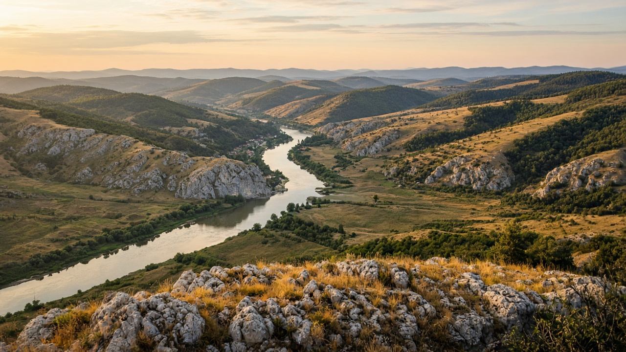 Panorama über dem Altmühltal mit Flussschleife und hellen Hügeln