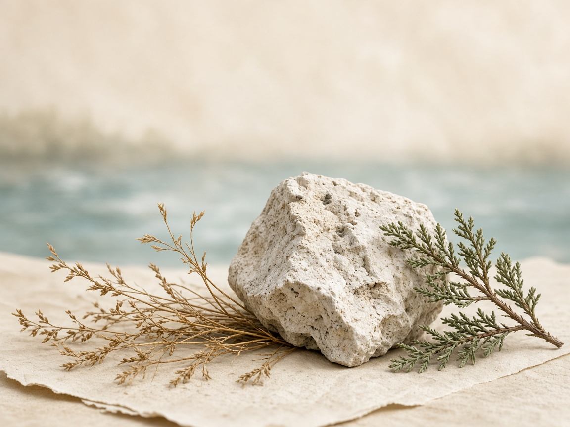 Editorial-Komposition aus Kalkgestein, trockenem Gras und Flusswasser-Texturen