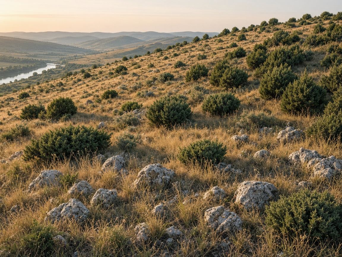 Trockener Hang mit Wacholderbüschen und hoher Grasflur über dem Altmühltal